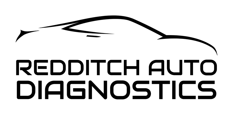 Redditch Auto Diagnostics Logo, featuring a stylized car silhouette above the company name in bold, black text on a transparent background.